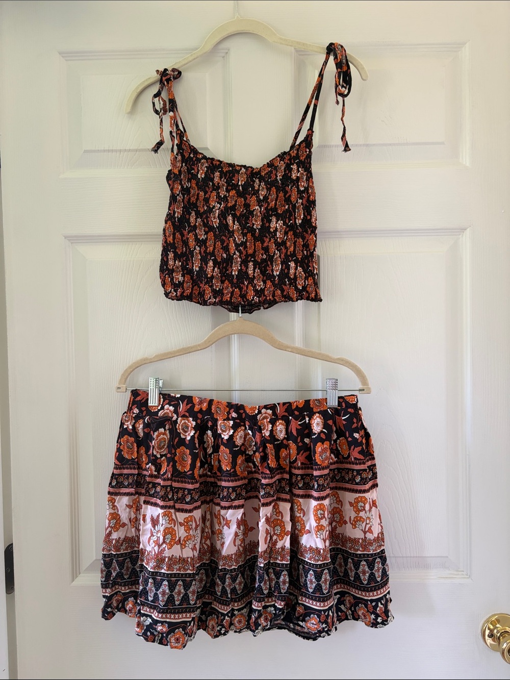 SHEIN Black & Rust Floral Tiered Skirt and Shirt Set